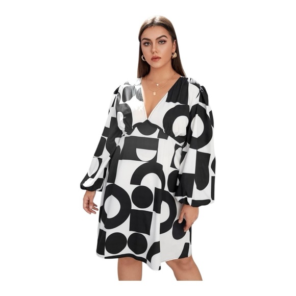 SHEIN Dresses & Skirts - Plunging Neck Lantern Sleeve Graphic Print A-Line Dress, P:25”, L:38.5”